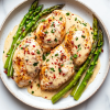This image shows a plated dish of chicken and asparagus in a rich white cream sauce with melted butter and sautéed onions, ready to be served.